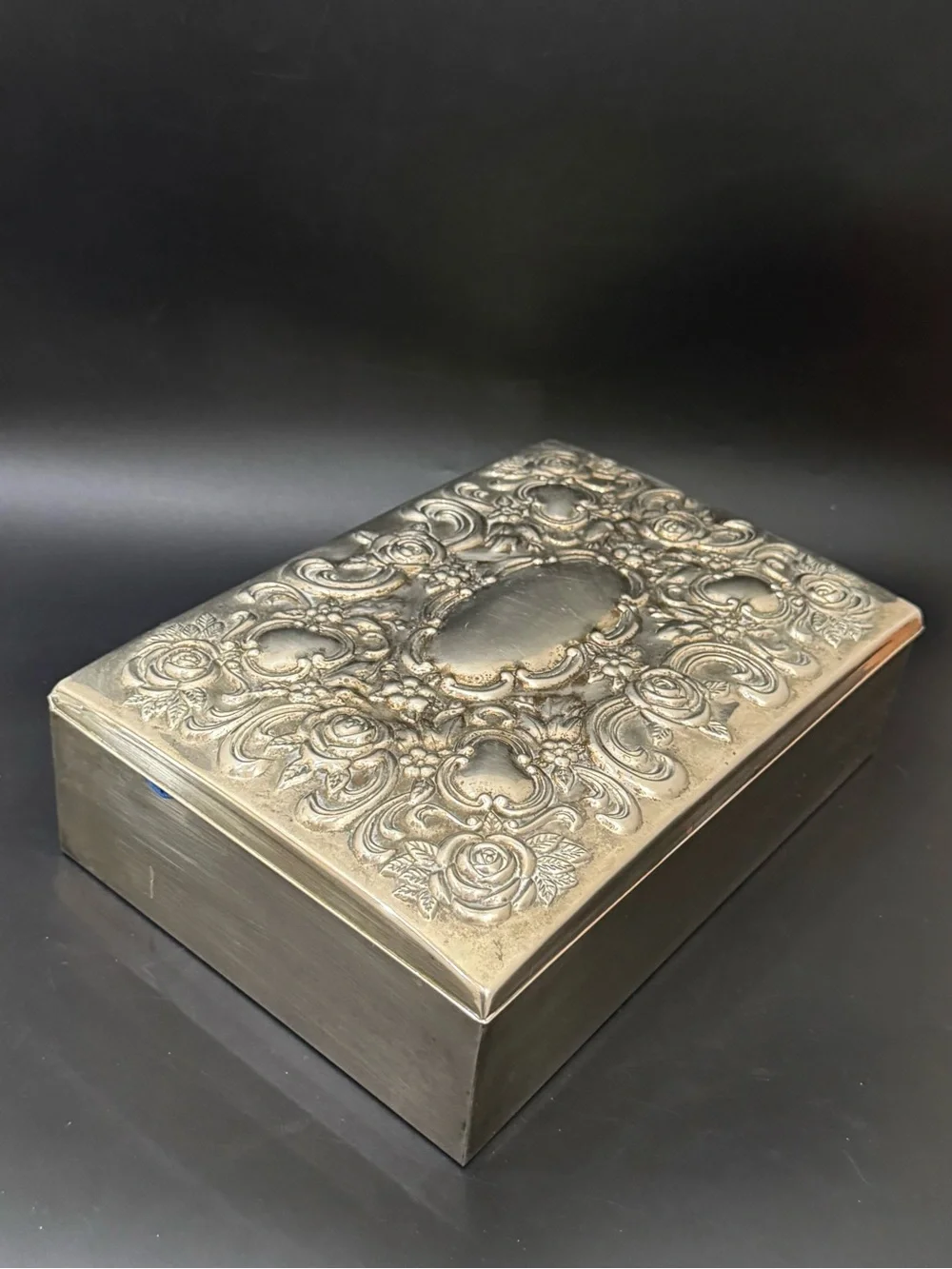 Vintage GODINGER Silver Plated Repousse Large Blue Velvet lined Jewelry Box
